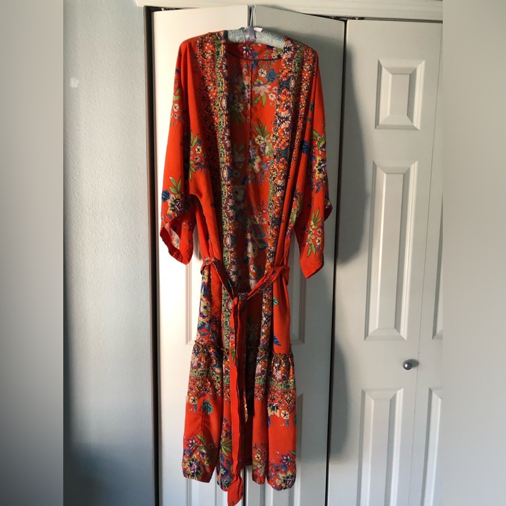 Anthropologie Orange Floral Kimono Dress with Multicolor Print and Kimono Robe